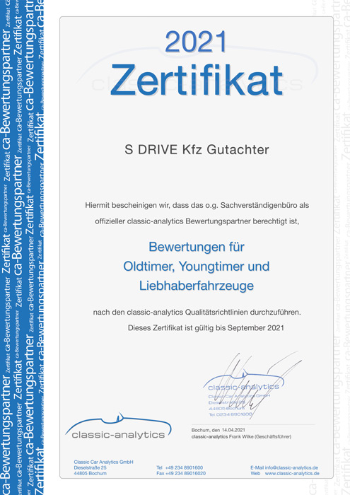 Classic Analytics Mitgliedsurkunde Kfz Gutachter S DRIVE